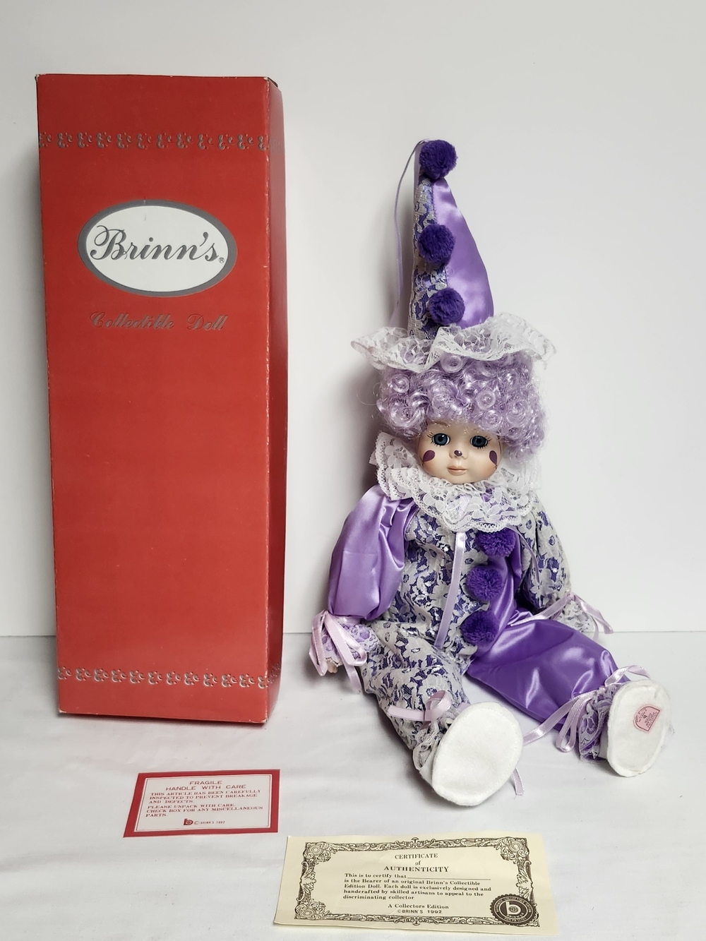 Brinn's Collectors Edition 1992 15" Clown Doll Purple Curly Hair Box COA